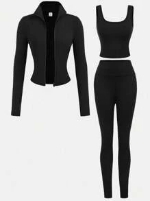 Girlism Completo da 3 pezzi per ragazze adolescenti: canotta basic in maglia nera per yoga casual e quotidiano, giacca corta basic, leggings vita alta