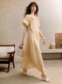 Arave Women's Viscose Fabric Summer Loose Casual Commuting Tie-Neck V-Neck Ruffled Lantern Sleeve Long Midi Dress,Butter Yellow Dress,Summer Dresses For Women,Casual Dresses For Woman,Flowy Dress,Modest Dresses For Women,Graduation Dresses For Women,Going Out Dress, Elegant Midi Dress,Wedding Guest Dress Women