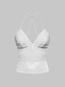 ROMWE Goth 对比色蕾丝性感露背蝴蝶结设计修身细肩带吊带背心 - 白色 - 查看 2