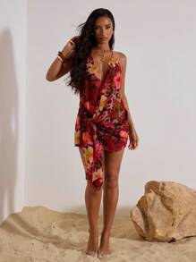 Opulessa 女士度假性感豹纹花卉印花露背迷你连衣裙