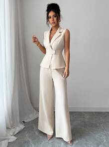 Elenzga 2pcs/Set Mature Elegant Women's Sleeveless Top With Collar Design And Waist Button, Wide-Leg Long Pants/African Dresses For Women/Drawstring Pants /Smart Casual/Fall,Halloween,Homecoming,Back To School/Teacher Outfits/Fall Women Clothes/Winter,Thanksgiving/Winter Women Clothes - Apricot - View 3