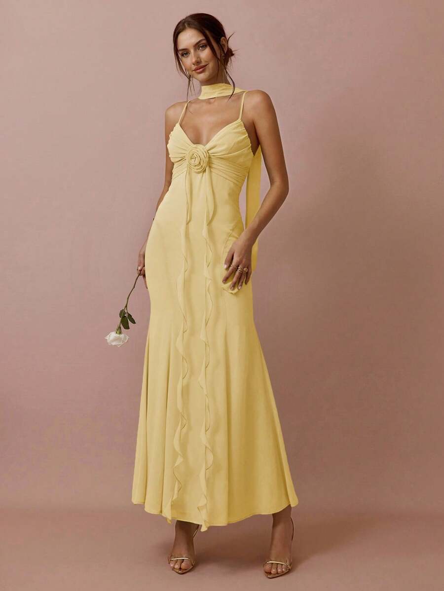 Enchnt 女式纯色可调节肩带花卉装饰腰部收紧长裙，夏季 - 黃色 - 查看 1