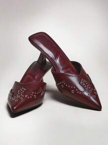 SHUZIA Women Comfortable Pointy Toe Kitten Heel Mules With Eyelet Decors - Burgundy - View 4