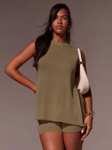 Athîral 2pcs/Set Ladies' Solid Color Crew Neck Side Slit Hem Knitted Vest And Shorts - Camel - View 3