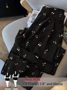 SHEIN Tall CURVE 大码女式碎花口袋阔腿宽松裤 - 黑色 - 查看 1