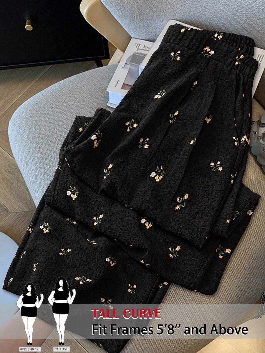 SHEIN Tall CURVE 大码女式碎花口袋阔腿宽松裤 - 黑色 - 查看 1