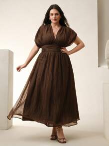 Anewsta Plus Size Women Summer V-Neck Ruched Shoulder Sleeve Dress, Suitable For Beach Vacation - Coffee Brown - View 7