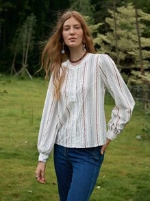Florisole 波西米亚浪漫休闲/通勤条纹花卉拼布蕾丝边开衫女式衬衫 - 彩色 - 查看 6