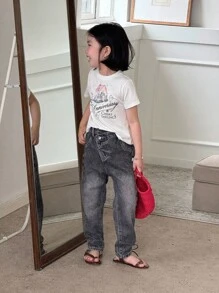 SHEIN Young Girl 4-Piece Set Barrel Baggy Jeans, Asymmetric Elastic Waistband, Button Closure, Casual Simple All-Match College Style, Versatile Must-Have For Moms All Year Round - Multicolor - View 8