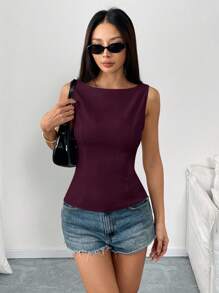 Rafferiza Halloween Solid Color Fitted Sleeveless Open Back Tie Up Bow Camisole Top, Elegant Casual Sexy Minimalist Office Business Wear, Spring/Summer Open Back Tops Bow Top Women Tie Back Top Classy Top - Burgundy - View 7