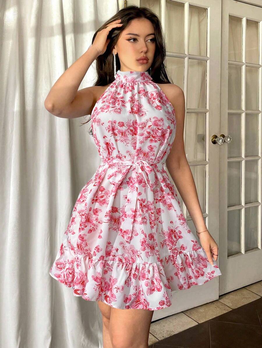 Firerie Vestido corto de verano corte evasé con flores azul y blanco románticas para mujer - Rojo - Ver 1