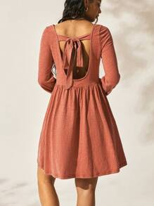 Easelle Damen Western Boho Rundhals Laternenärmel Rücken Twist Casual Ziegelrot Gestrickte Baumwolle Nackter Rücken Träger Kleid Herbst Damen Kleidung