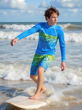 Conjunto de traje de baño para adolescentes varones - Top de camiseta protectora de manga larga con estampado gráfico de videojuegos y shorts de natación elásticos y flexibles, adecuado para el verano, la playa, el surf y la natación