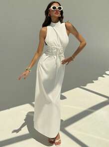 Aloruh New Stylish Minimalist Stand Collar Cinched Waist Sleeveless Bodycon Solid Color Midi Dress, Commuter Friendly - Beige - View 8