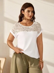 EMERY ROSE Plus Size Women Lace Splicing Bat Sleeve Round Neck T-Shirt - White - View 5