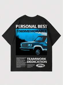 ROMWE MEN Street Life 男士汽车标志印花宽松休闲T恤 - 黑色 - 查看 3