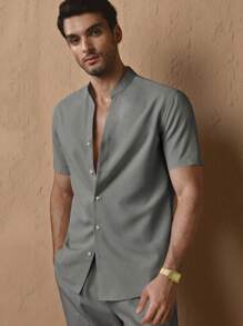 HIMLAND 2pcs Men's Casual Solid Color Slim-Fit Short Sleeve Shirt And Tapered Waist Pants Set, Suitable For Everyday Wear