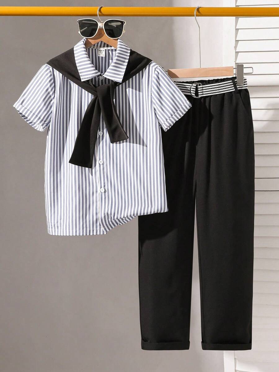 Tween Boy Striped Short Sleeve Button-Down Shirt And Casual Pants Set - Navy Blue - View 1