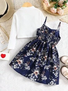 2 件套年轻女孩花卉印花吊带背心连衣裙和休闲夹克夏季度假服装套装 - 黑色 - 查看 2
