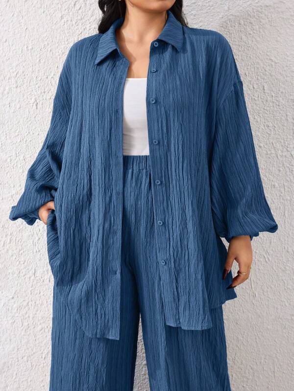 Mulvari Set de 2 piese, mărime plus, culoare solidă, top cu mânecă lungă și nasturi în față, pantaloni lungi cu buzunare laterale