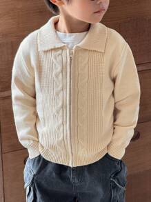 Zikori Zikori Cardigan à fermeture éclair en tricot avec motif floral torsadé pour garçons, décontracté