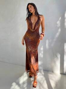 Aloruh 欧美风深V领印花性感紧身连衣裙 - 彩色 - 查看 6