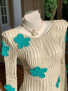 Comfortcana Women Summer Crochet Small Mesh Hollow Floral Decor Knitted Dress For Women - Apricot - View 4