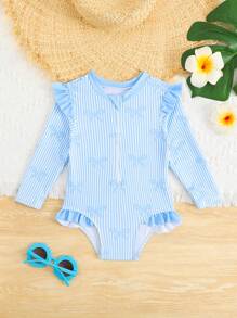 Baby Girl Striped Bow Printed One-Piece Swimsuit With Zipper Baby Beach Clothes Baby Girl Clothes Spring Baby Spring Outfits Spring Baby Girl Clothes Baby Clothes For Girls