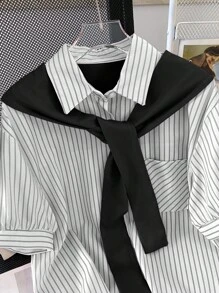 INAWLY Áo sơ mi nữ sọc ngắn tay, một hàng khuy, túi thường ngày - màu đen - Xem 3