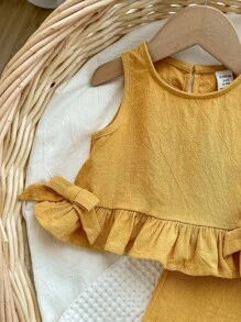 Baby Girl Cute Solid Color Ruffle Hem Camisole & Pants 2Pcs Suit, Summer
