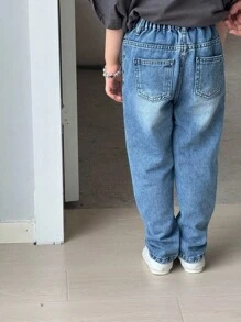 SHEIN Young Girl 4-Piece Set Barrel Baggy Jeans, Asymmetric Elastic Waistband, Button Closure, Casual Simple All-Match College Style, Versatile Must-Have For Moms All Year Round - Multicolor - View 2