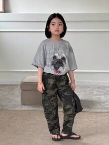 SHEIN Wildeya Y2K Street Style Camouflage Print Flat Pocket Elastic Waistband Cargo Slim Fit Pants, For Young Girls