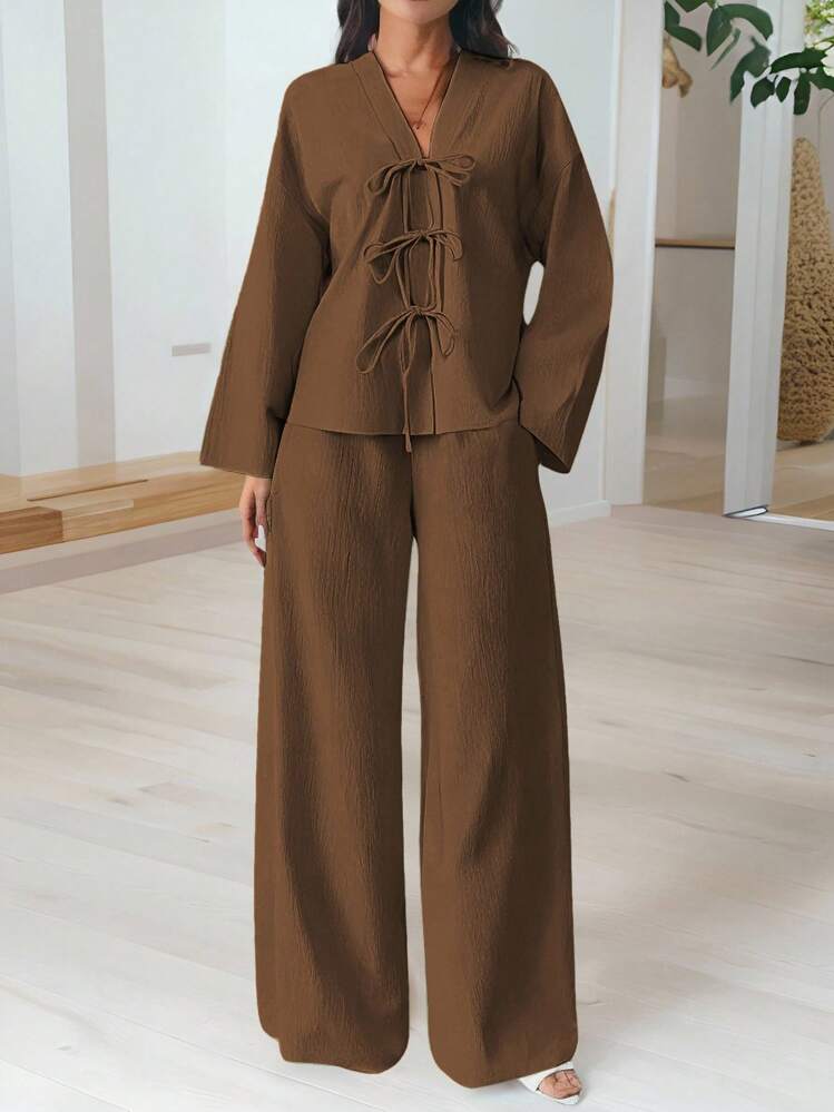 Firerie 2pcs/Set Women Casual Elegant Vacation Stylish Front Tie Loose Shirt And High Waist Elastic Loose Pants Suit