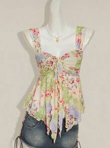 SHEIN ICON Women's Vacation Floral Print Pleated Fashion Camisole 4th Of July Women Outfits Cute Summer Tops Going Out Tops