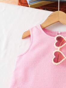 Elladie kids 女童纹理面料撞色下摆无袖上衣和休闲短裤T恤套装 - 粉色 - 查看 9