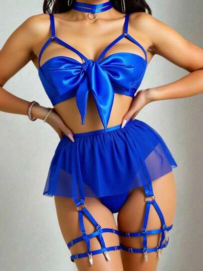 Goth Bowknot Underwire Bra, G-String Panty & Mini Skirt Sexy Lingerie Set