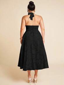 SHEIN BAE 大码女式春夏粉色 V 领露背纹理面料雪纺连衣裙、女式复活节连衣裙、毕业服装、女式性感俱乐部服装、女式春季服装、夏装、节日晚会服装、女式生日服装、婚礼服装、女式度假服装、音乐会 - 黑色 - 查看 5