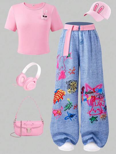 SHEIN ChillGRL 少女纯色兔子 3D T 恤和涂鸦牛仔印花长裤两件套休闲装，含腰带、夏季套装