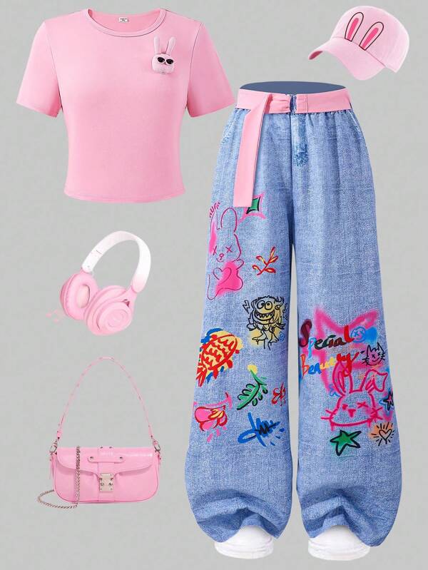 Conjunto de verão para meninas adolescentes, camiseta 3D de coelho em cor sólida e calça jeans com estampa de grafite, conjunto casual de 2 peças, inclui cinto