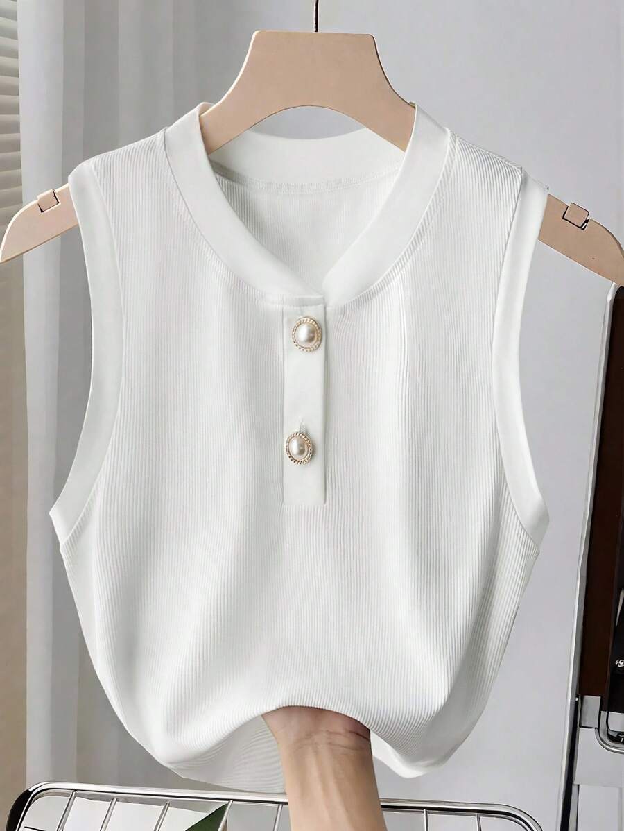 GlowEve Áo ba lỗ dệt kim màu trơn không tay thanh lịch thời trang cho nữ mùa hè - trắng - Xem 1
