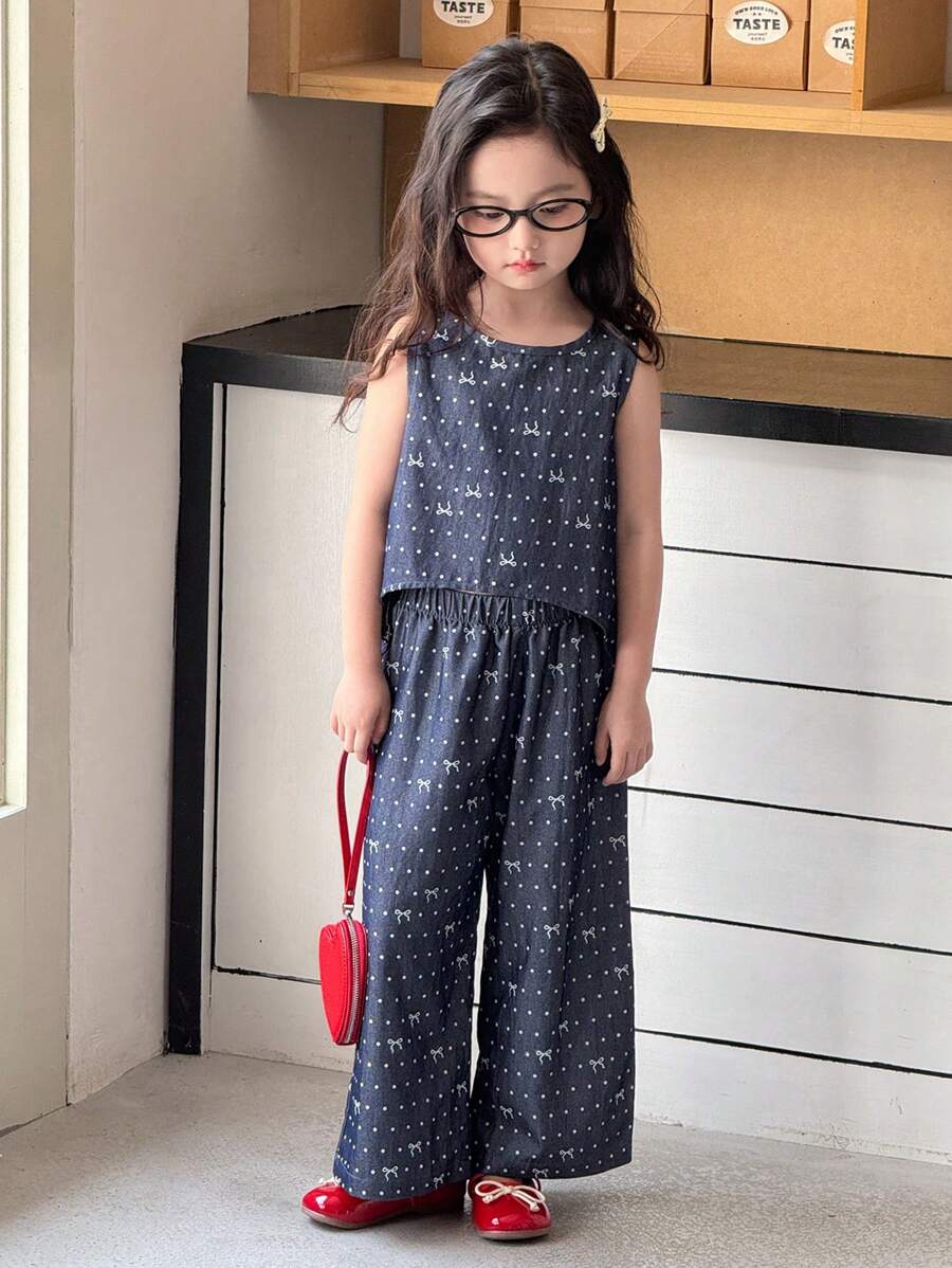 2pcs Young Girl Denim Vest And Wide Leg Belted Pants Set - Royal Blue - View 1