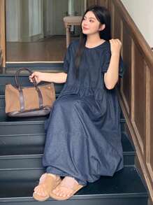 Dazy Plus 深水洗蓝色圆领泡泡短袖休闲连衣裙，夏季 - 深色水洗藍 - 查看 5
