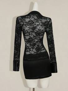 SHEIN ICON Women Lace Long Sleeve Single-Breasted Top And Fitted Midi Skirt Set - Black - View 2