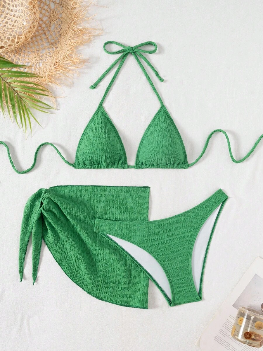 Swim Mod 3 件套女士休闲纯色吊带比基尼上衣、三角形下装和不对称下摆短裙套装 - 綠色 - 查看 1
