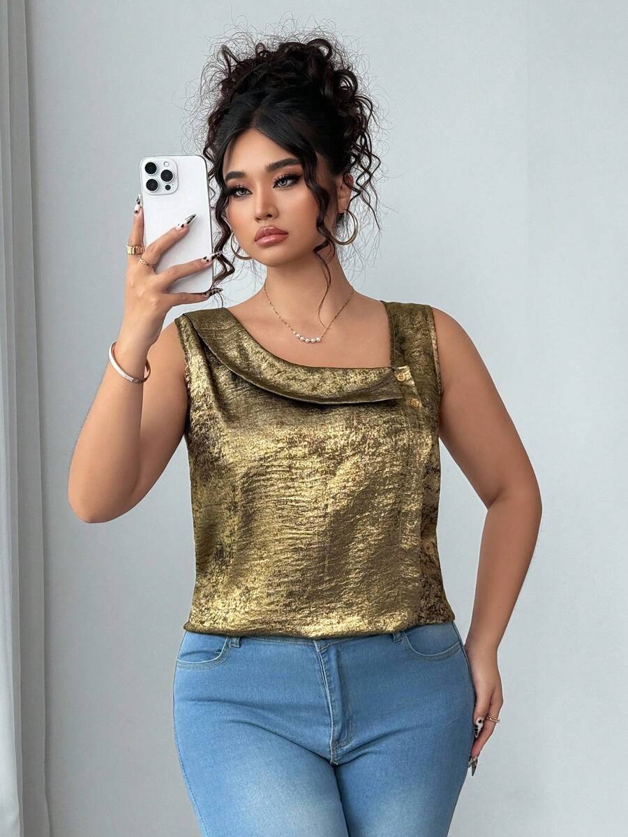 Elenzga Áo không tay cổ giả thanh lịch dành cho nữ cỡ lớn với họa tiết in vàng kim loại, đa năng cho cả mặc hàng ngày và dự tiệc. - Vàng - Xem 1