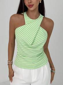 Aloruh Áo ba lỗ thắt nút tròn sọc xanh trắng Macaron mới - màu xanh lá - Xem 7