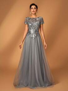 Serin 女士优雅华丽奢华灰色亮片刺绣拼接网纱圆领短袖A字裙摆连衣裙，适合晚宴、单身派对、约会、舞会、假日、婚礼宾客礼服，优雅新娘母亲礼服，适合婚礼、情人节等场合。 - 咖啡 - 查看 4