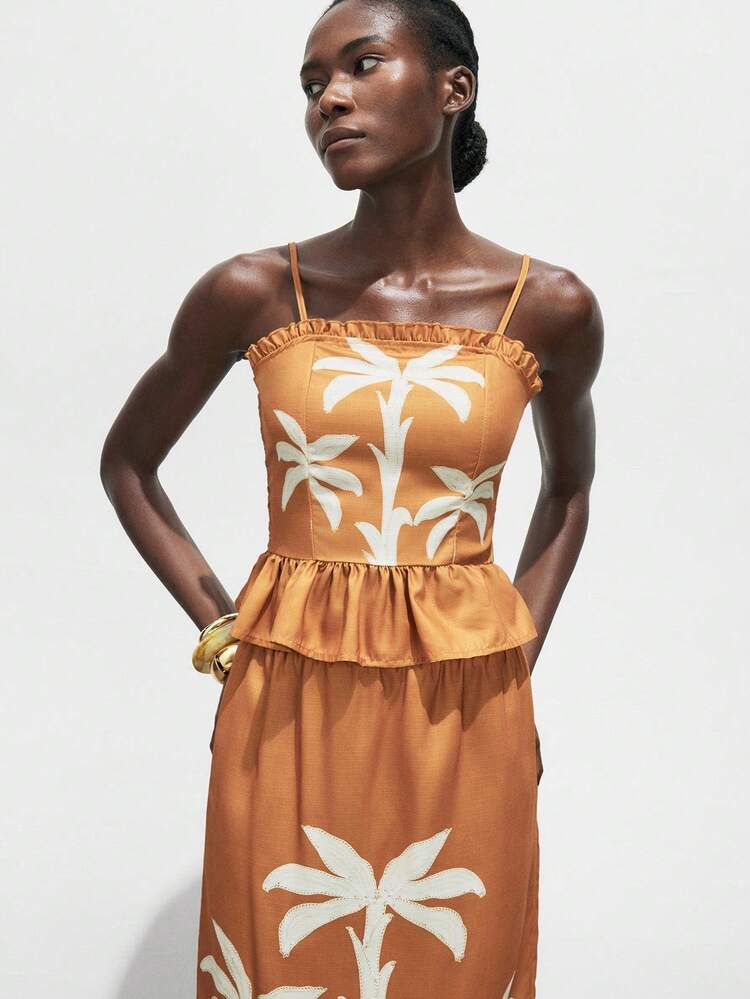 SHEIN Maija Top d'été pour femmes avec imprimé de plantes orange, volants à l'ourlet, bretelles fines, épaules dégagées, style hawaïen