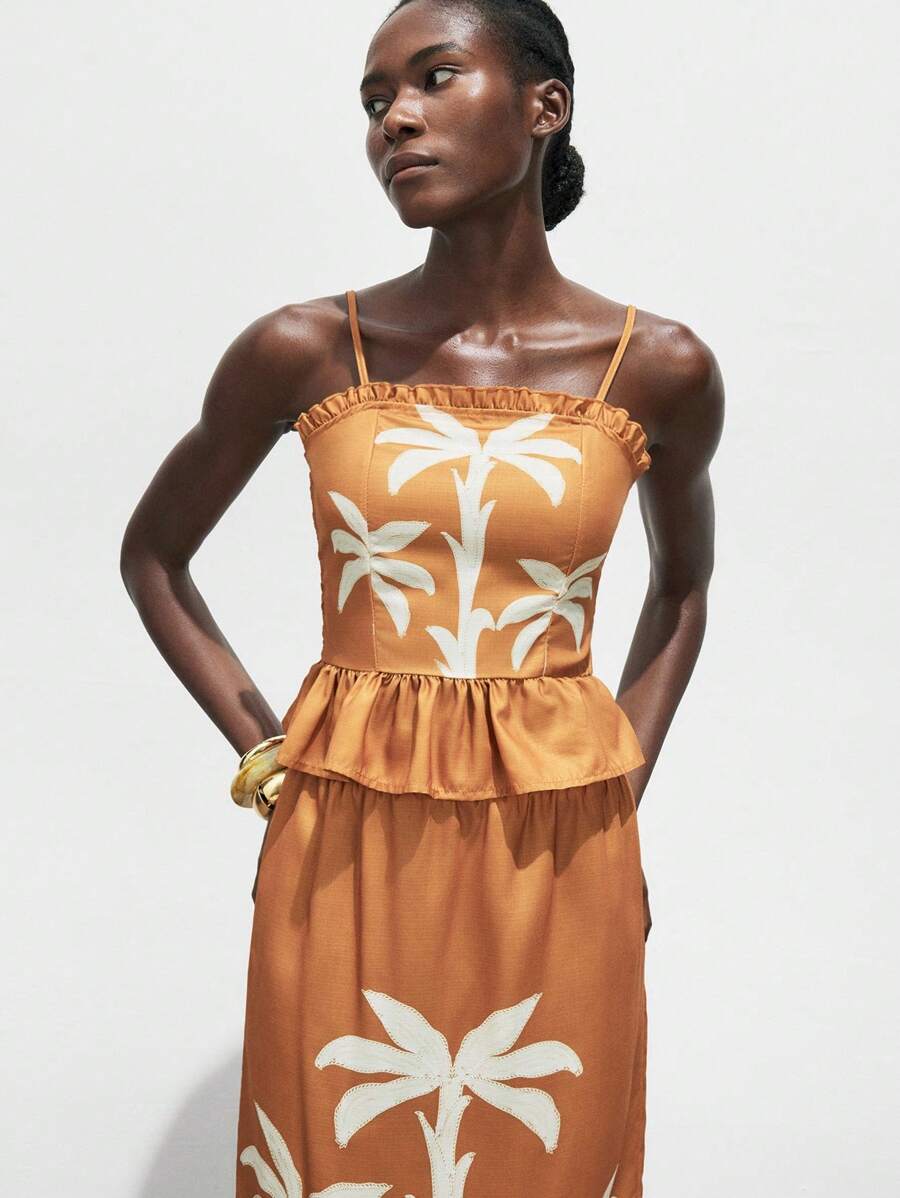 Maija Top de vacaciones con tirantes sin mangas con estampado de plantas naranja de verano para mujer, estilo hawaiano de hombros abiertos - Marrón - Ver 1