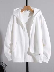 SHEIN 1 件青少年男孩休闲运动学院艺术风格复古宽松连帽开衫，带贴袋，适合返校，适合生日派对、晚会、表演、婚礼、洗礼、开幕式，适合日常使用，适合上学，适合旅行，适合运动，适合春秋季节，白色拉链连帽衫